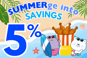 SOL and MOLI with a bucket of fried chicken on the beach with 5% promotional rate and text of 'SUMMERge into Savings'.